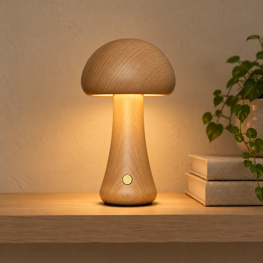 Aura Lune Mushroom Lamp, Warm Wooden Tough Light.