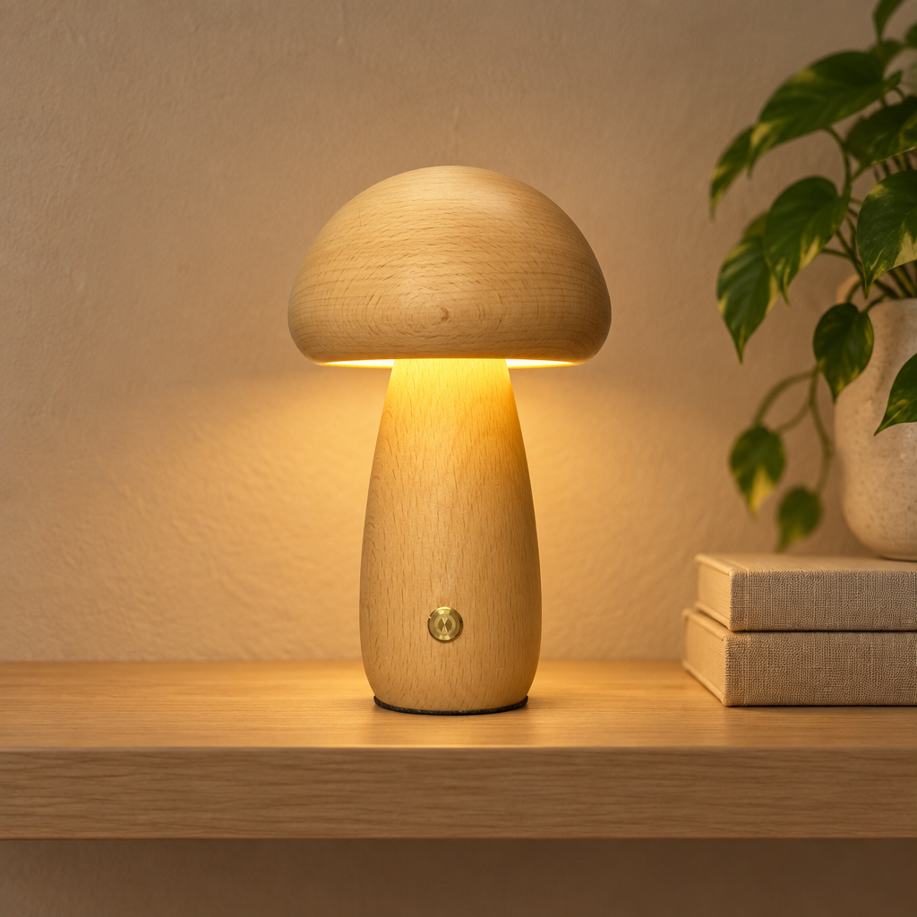 Aura Lune Mushroom Lamp, Warm Wooden Tough Light.