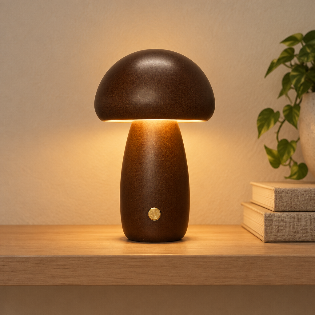 Aura Lune Mushroom Lamp, Warm Wooden Tough Light.