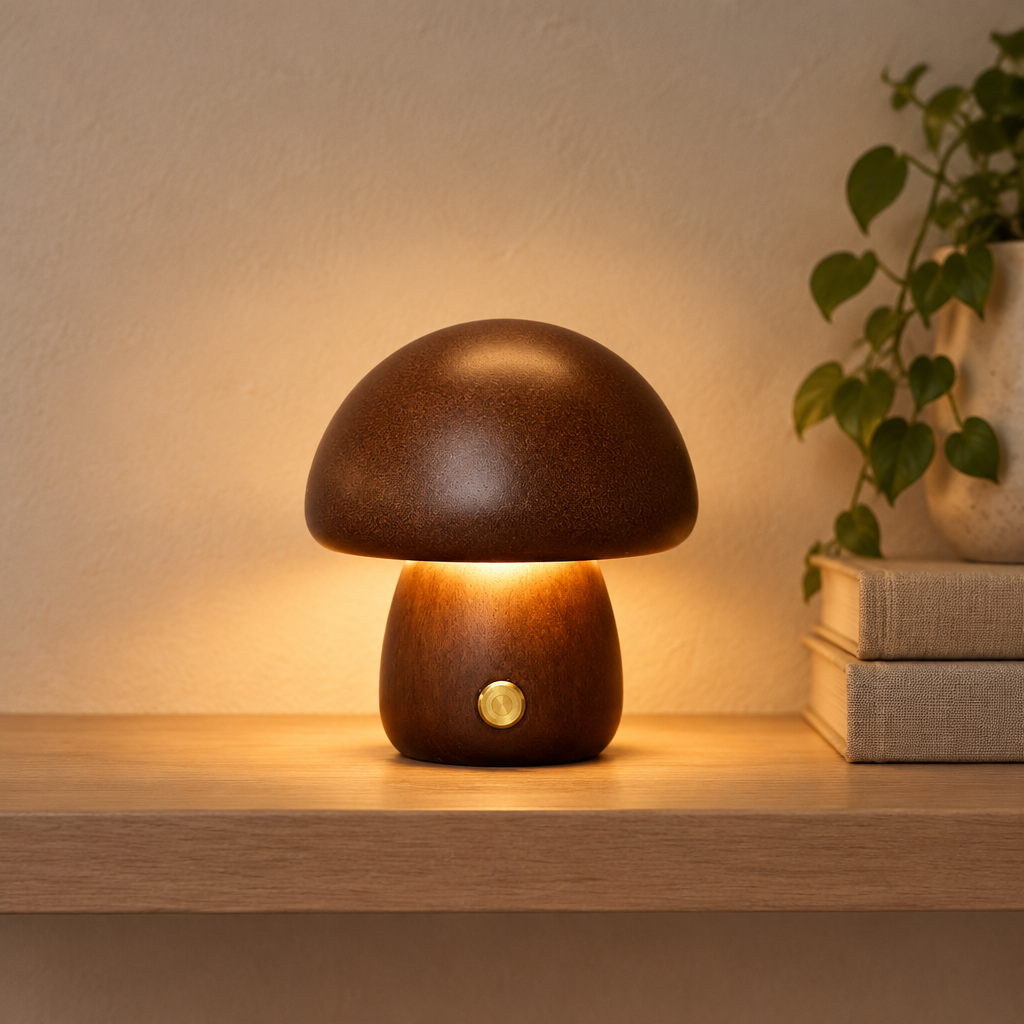 Aura Lune Mushroom Lamp, Warm Wooden Tough Light.
