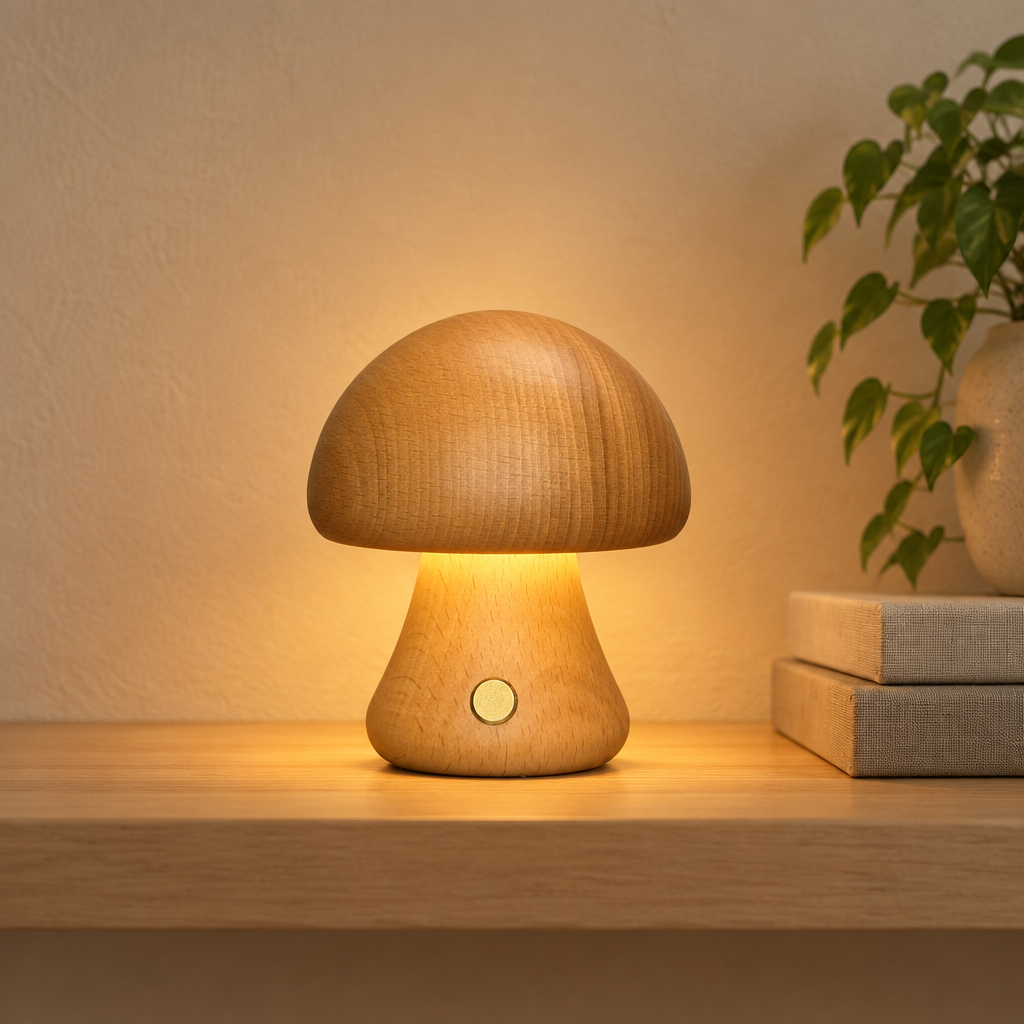Aura Lune Mushroom Lamp, Warm Wooden Tough Light.