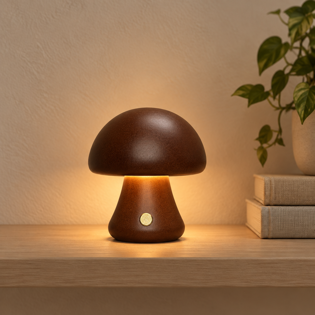 Aura Lune Mushroom Lamp, Warm Wooden Tough Light.