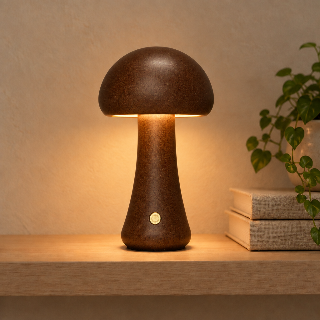 Aura Lune Mushroom Lamp, Warm Wooden Tough Light.