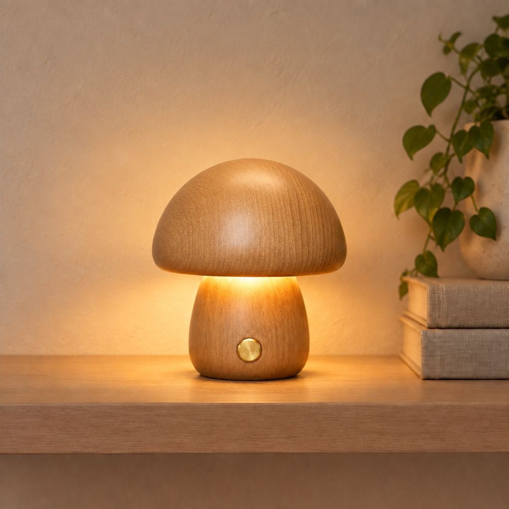 Aura Lune Mushroom Lamp, Warm Wooden Tough Light.