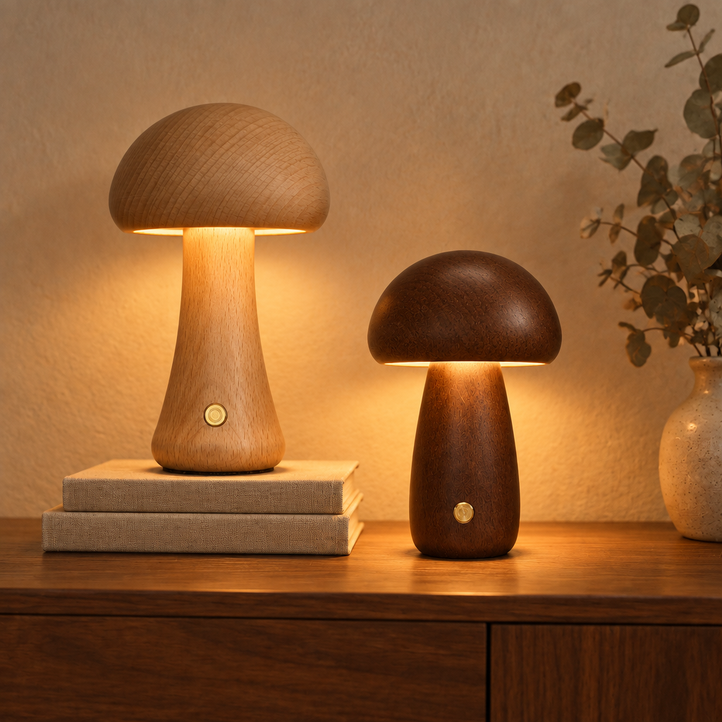 Aura Lune Mushroom Lamp, Warm Wooden Tough Light.