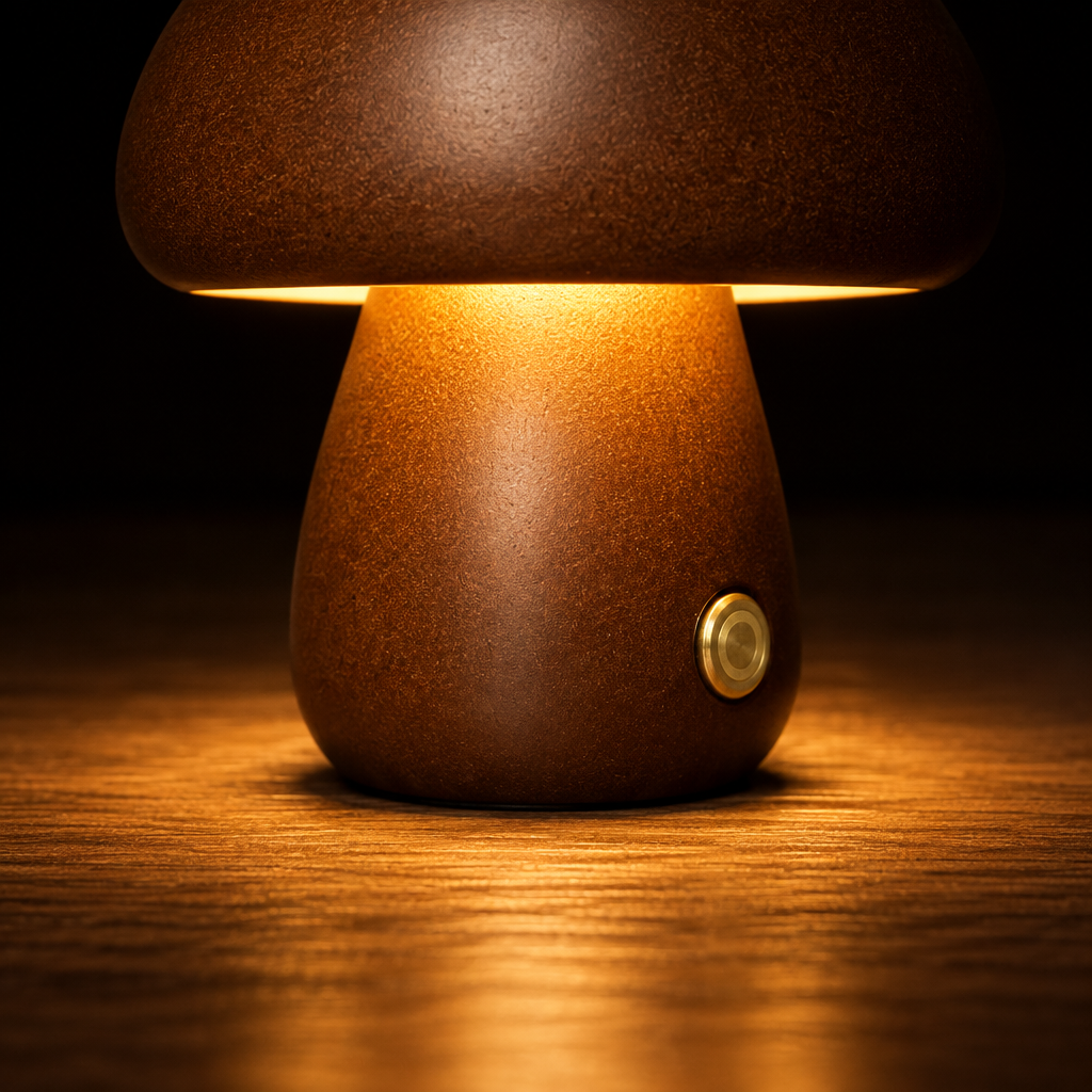 Aura Lune Mushroom Lamp, Warm Wooden Tough Light.