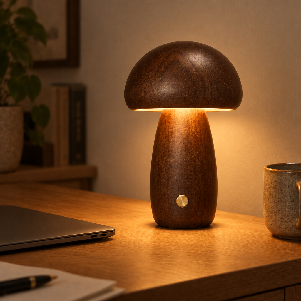 Aura Lune Mushroom Lamp, Warm Wooden Tough Light.
