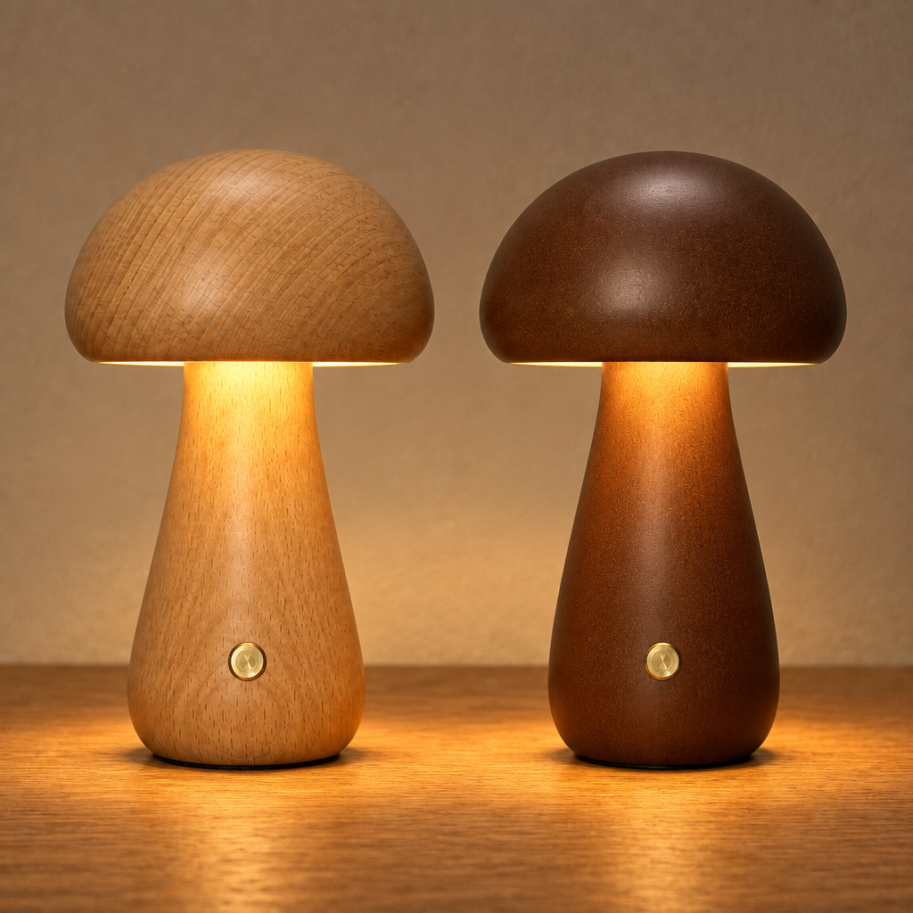 Aura Lune Mushroom Lamp, Warm Wooden Tough Light.