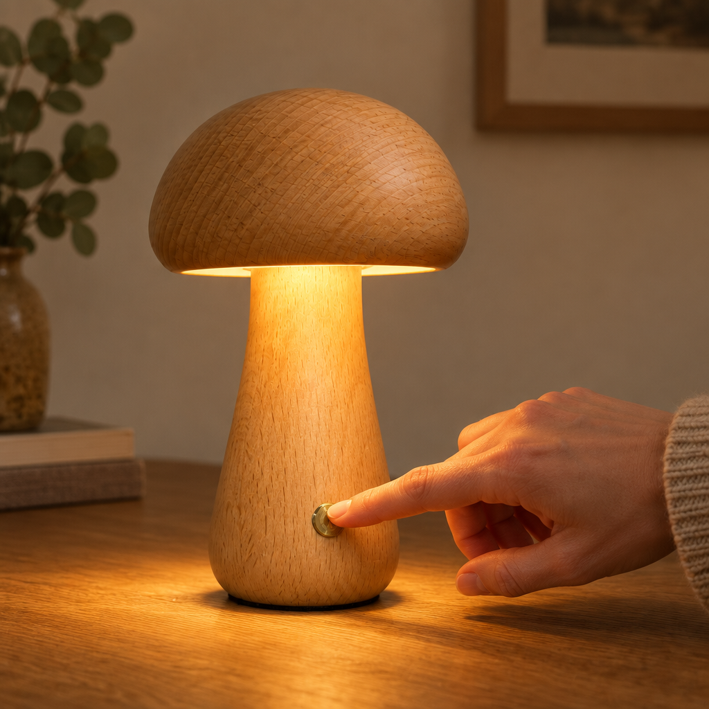 Aura Lune Mushroom Lamp, Warm Wooden Tough Light.